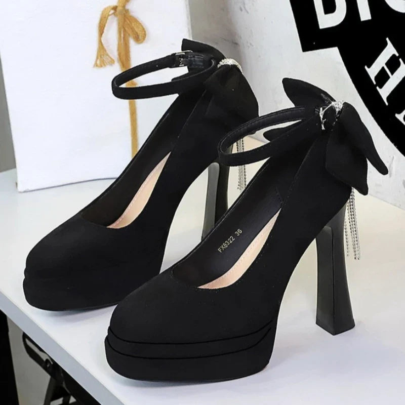 BIGTREE Women's Pointed Toe High Heels Back Bowknot Elegant Flock Ankle Strap Pumps for Women Black Dress Shoe Wedding Party | | Wiccan Center