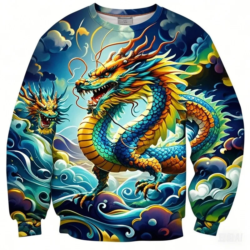 Full Print Chinese Dragon Graphic Sweatshirts For Men Women Long Sleeve Casual Round Neck Hoodie Streetwear Mens Sport Tracksuit