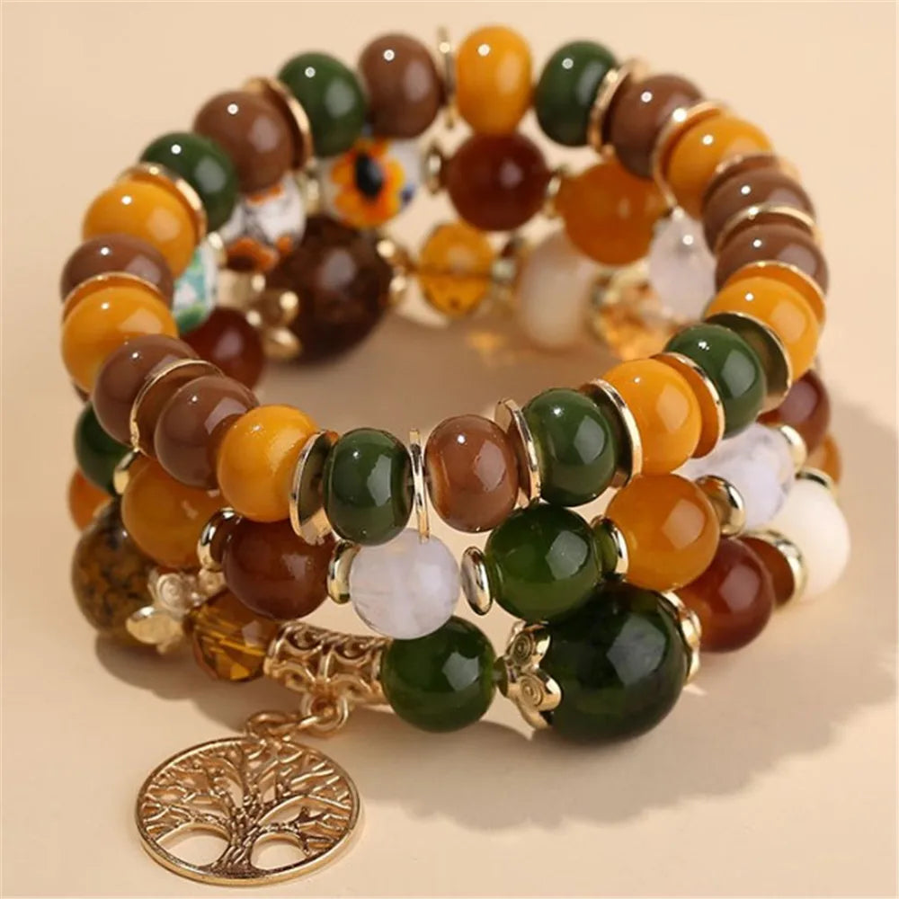 DIEZI Ethnic Bohemian Multicolor Crystal Beads Strand Bracelets Women Men Heart Tree Of Life Charm Bracelet Pulseira Feminina