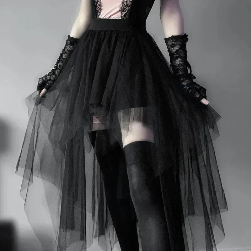 Casual Skirts Punk Sexy Net Yarn High-Waisted Irregular Skirt for Women Summer New European and American Gothic Style Versatile | | Wiccan Center