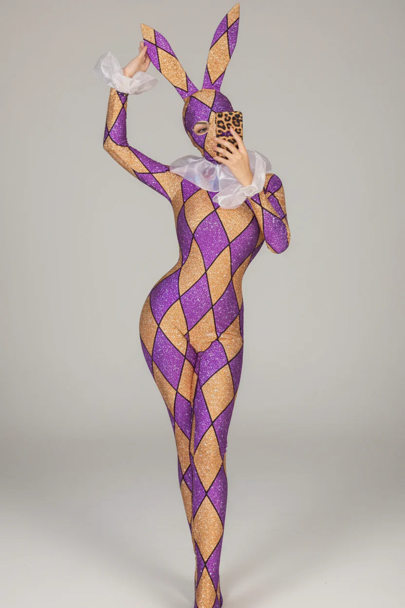 Futuristic Geometric Rhinestone Bunny Bodysuit – Luxury Showgirl Stage Costume & Exotic Festival Leotard with Statement Collar | Bodysuit | Wiccan Center