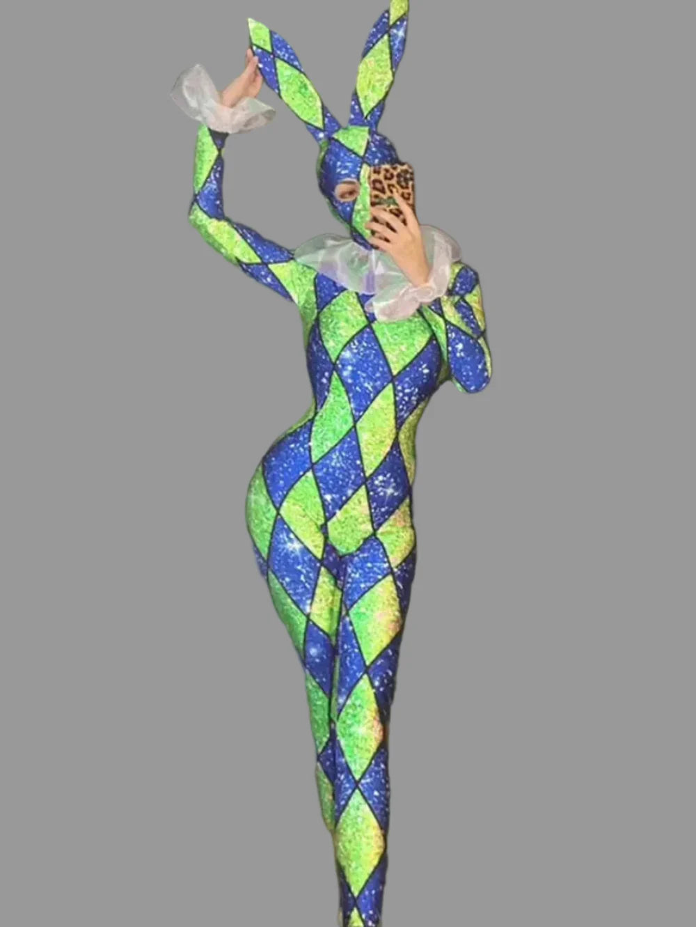 Futuristic Geometric Rhinestone Bunny Bodysuit – Luxury Showgirl Stage Costume & Exotic Festival Leotard with Statement Collar | Bodysuit | Wiccan Center