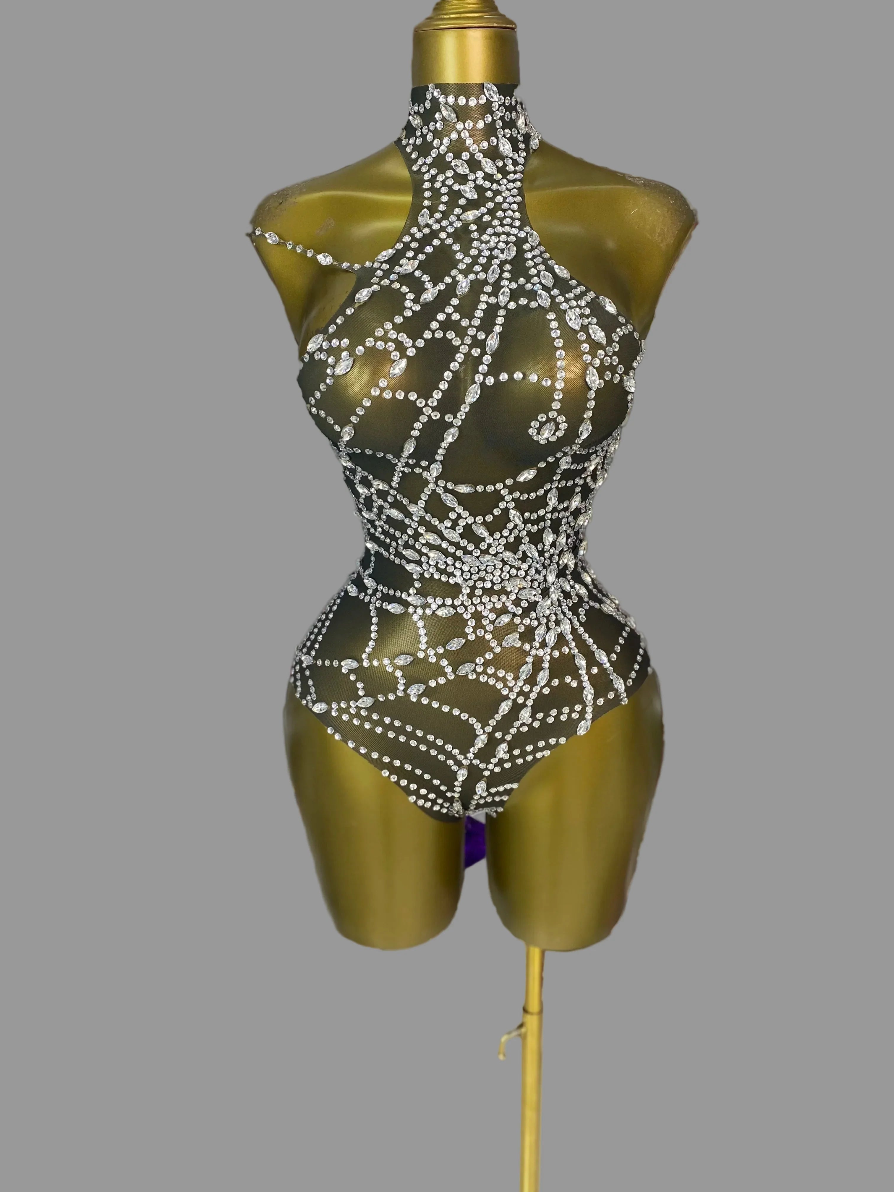 The Stardust Black Widow Bodysuit – Luxury Rhinestone Spiderweb Showgirl Costume