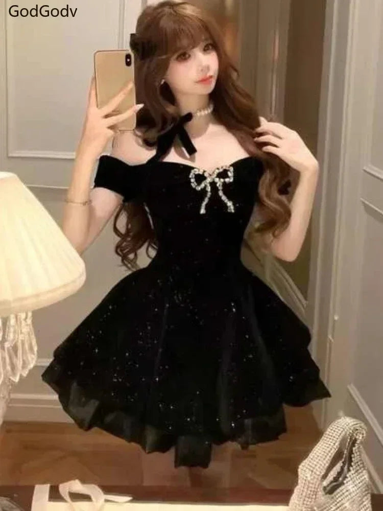 Black French Vintage Elegant Design Woman Dress Gothic Off Shoulder Retro Mini Dress Female Fairy Birthday Party Chic Outfits | | Wiccan Center