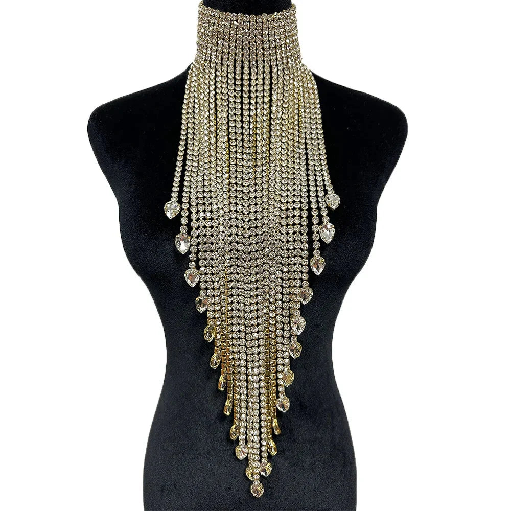Luxury Rhinestone Long Tassel Statement Choker – Waist-Length Crystal Drop Crystal Drop for Weddings, Galas & High-Fashion Clubwear | Necklaces | Wiccan Center