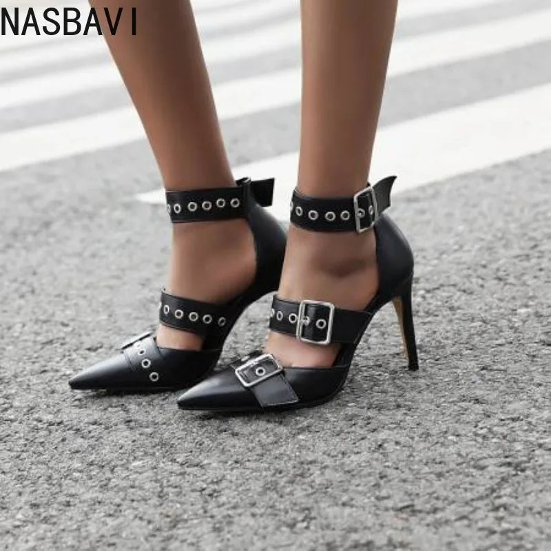 NASBAVI Black Punk Gothic High Heels Sexy Plus Size Pointed Toe Fashion Buckle Rivet Women Pumps Wedding Shoes Stiletto Heels | | Wiccan Center