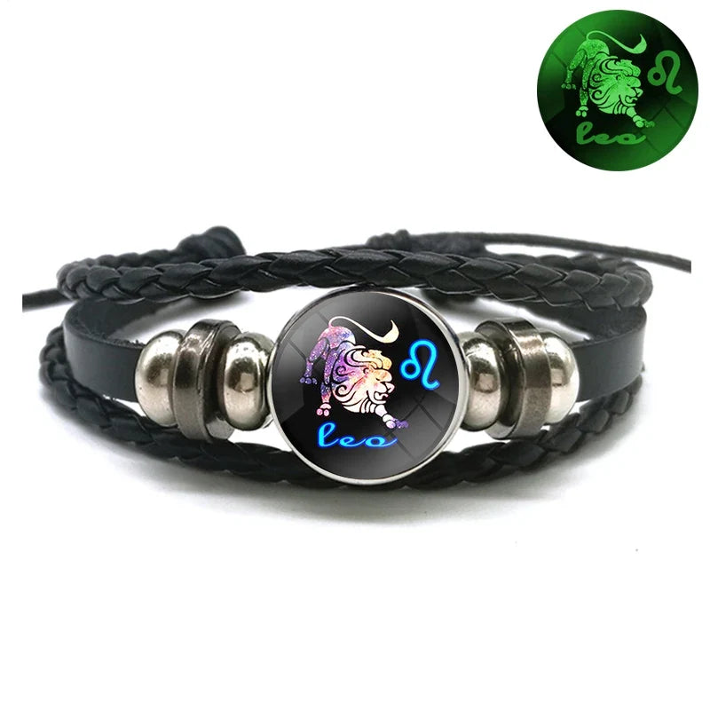 Birthday Present 12 Constellation Luminous Bracelet Leather Bracelet Zodiac Charm Bracelet for Men Women