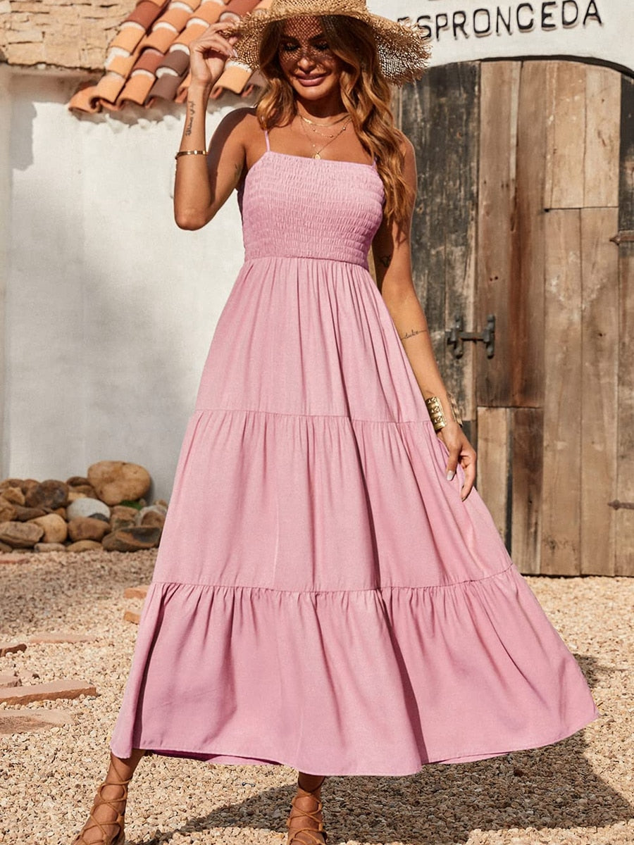 Spaghetti Strap Maxi Dress Women Summer Sleeveless Smocked Boho Long Beach Dress Sundresses | Dresses | Wiccan Center