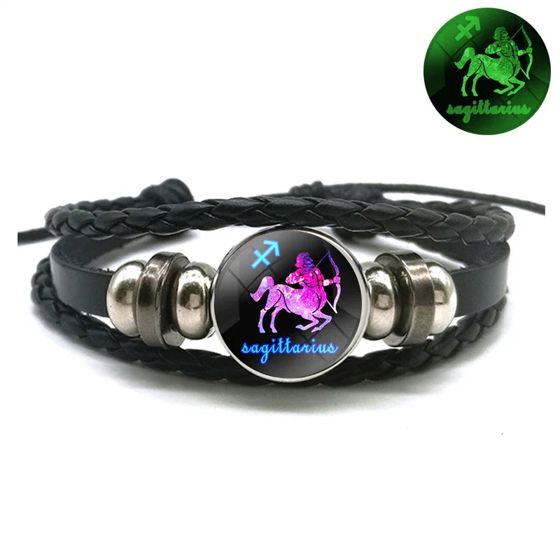 Birthday Present 12 Constellation Luminous Bracelet Leather Bracelet Zodiac Charm Bracelet for Men Women
