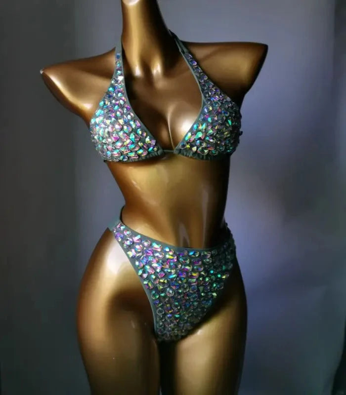Nightclub Bar Sexy Disco Pole Dance Crystal Bikini Costume DJ Dancer Club Party Rave Outfit Pink Rhinestones Bra Set Stage Wear | Costume Sets | Wiccan Center