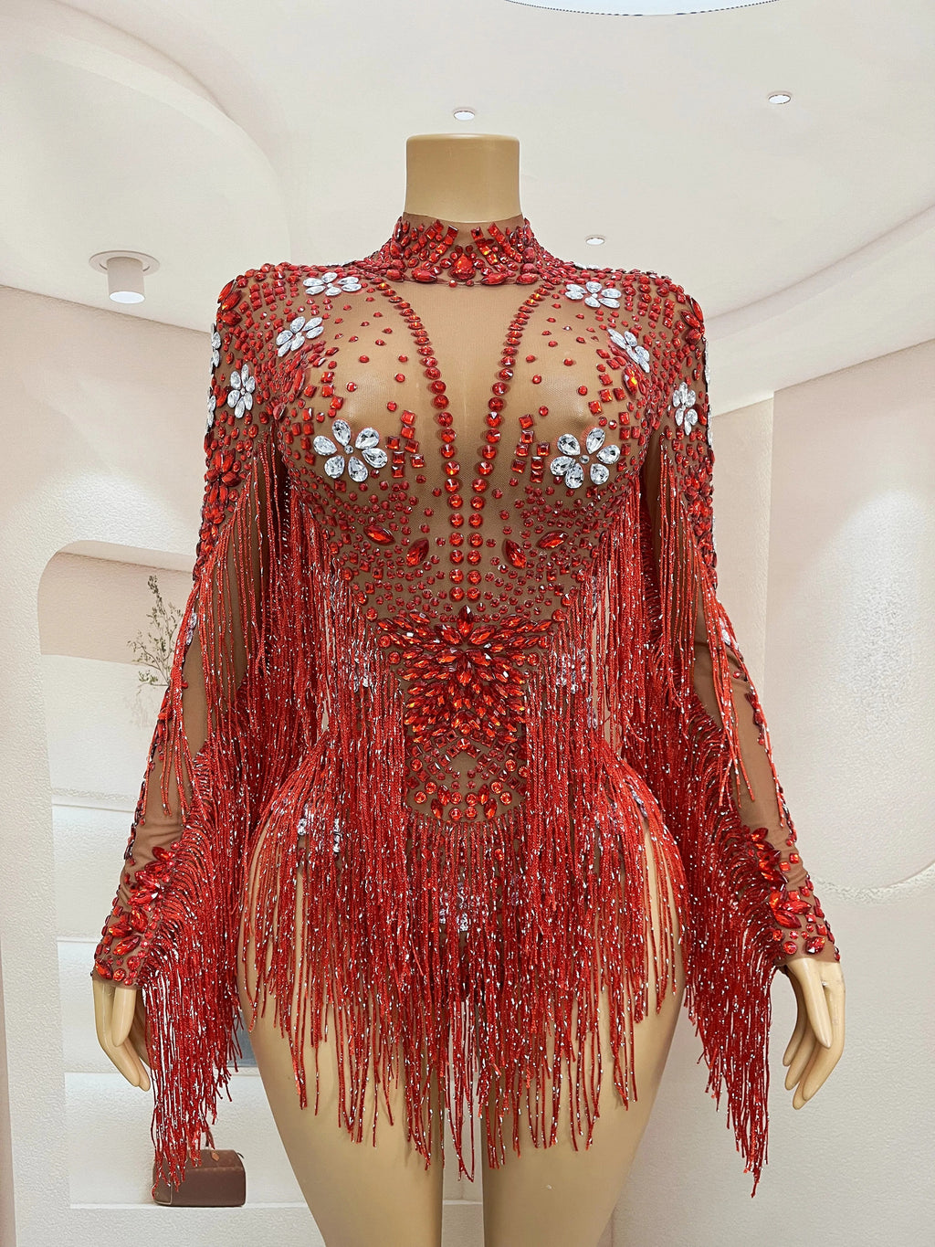 Sparkly Rhinestone Tassel High-Cut Stage Performance Bodysuit Dance Leotard