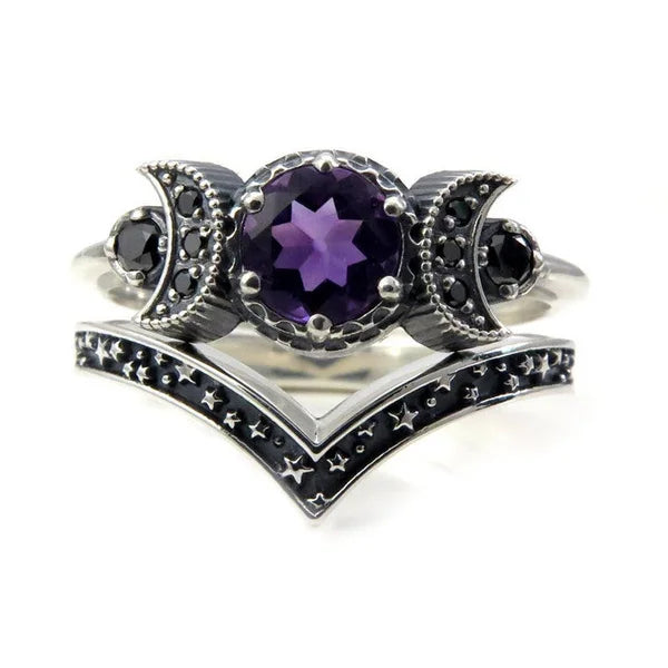 Black Zirconia Stone Triple Moon Ring Set | Ring | Wiccan Center