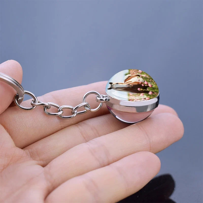 Horse Pattern Keychains White Brown Horse Racing Double Sided Glass Ball Pendant Key Chain Fashion Animal Jewelry Keyring Gift