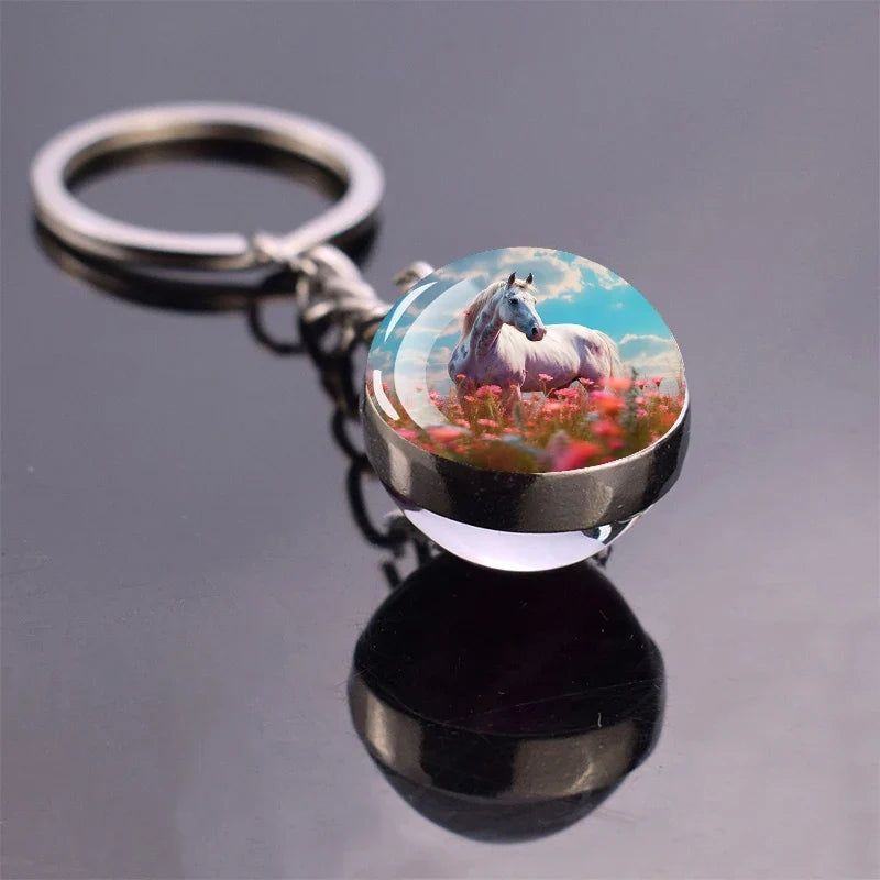 Horse Pattern Keychains White Brown Horse Racing Double Sided Glass Ball Pendant Key Chain Fashion Animal Jewelry Keyring Gift