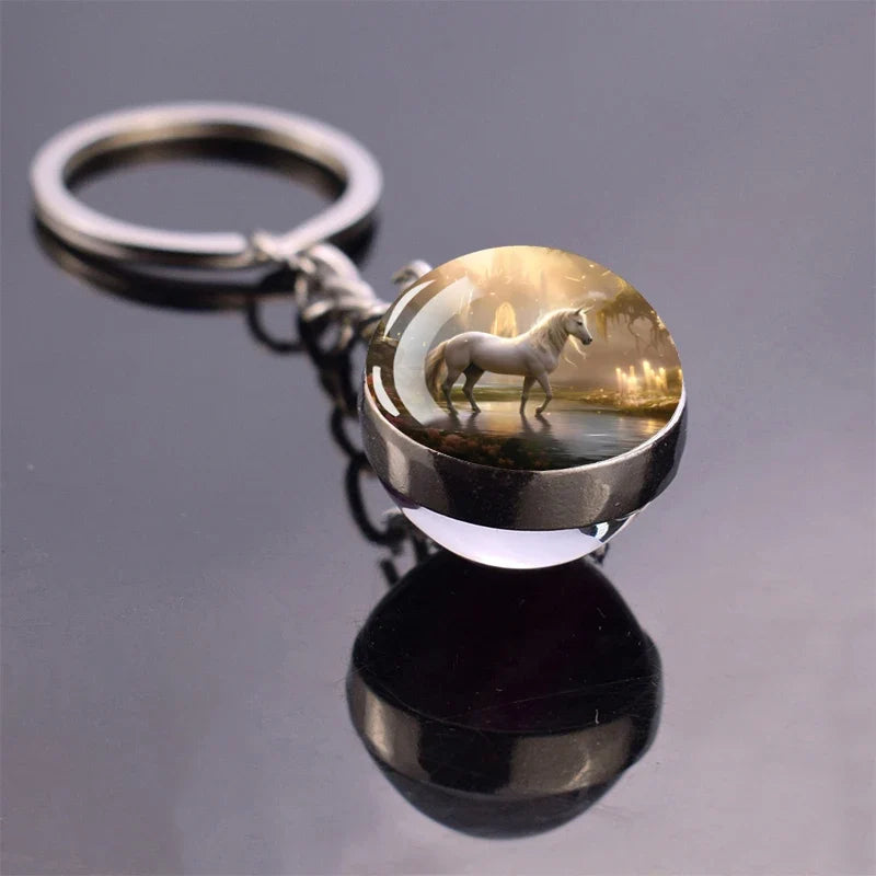 Horse Pattern Keychains White Brown Horse Racing Double Sided Glass Ball Pendant Key Chain Fashion Animal Jewelry Keyring Gift