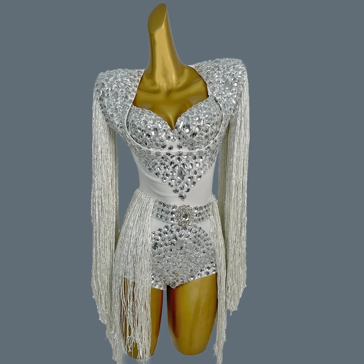 The Stardust Cascade Fringe Bodysuit – Luxury Rhinestone Long-Sleeve Showgirl Costume | Bodysuit | Wiccan Center