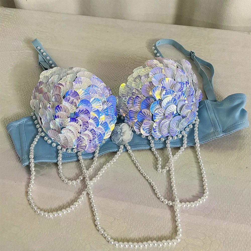 Handmade Mermaid Sequin Pearl Shell Belly Dance Bra Festival Rave Top | Costume Tops | Wiccan Center