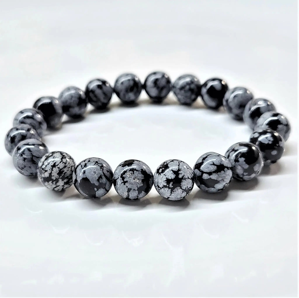 Snowflake Obsidian Round Bead Bracelet - Angelic Protection | Bracelets | Wiccan Center
