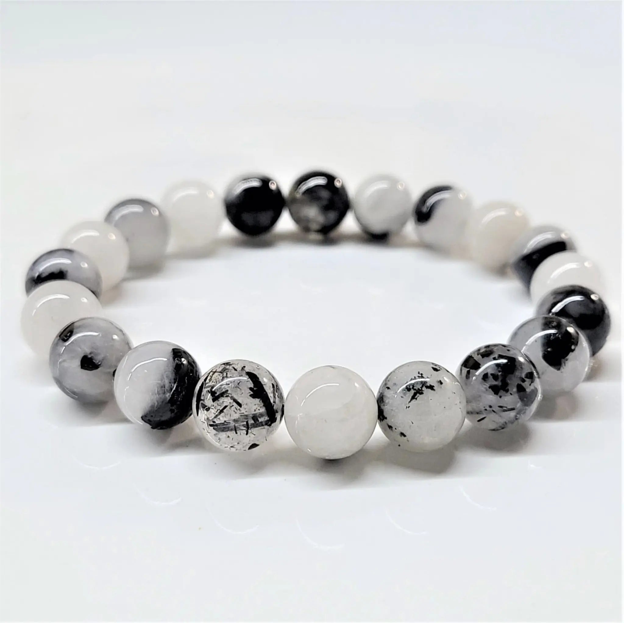 Tourmaline in Quartz Round Bead Bracelet - Grounded Purification | Bracelets | Wiccan Center