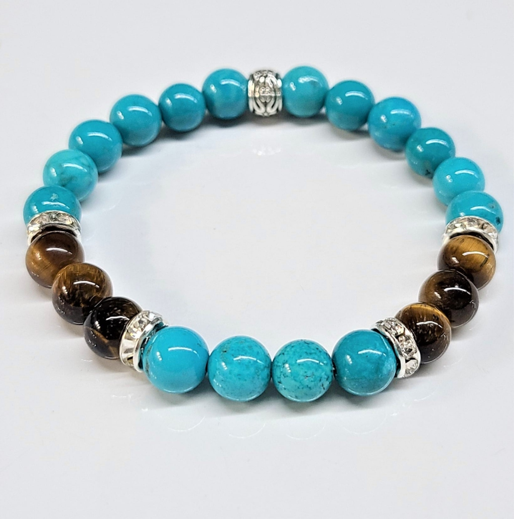 Blue Howlite and Tiger Eye Round Bead Bracelet 8mm - Balanced Emotions | Bracelets | Wiccan Center