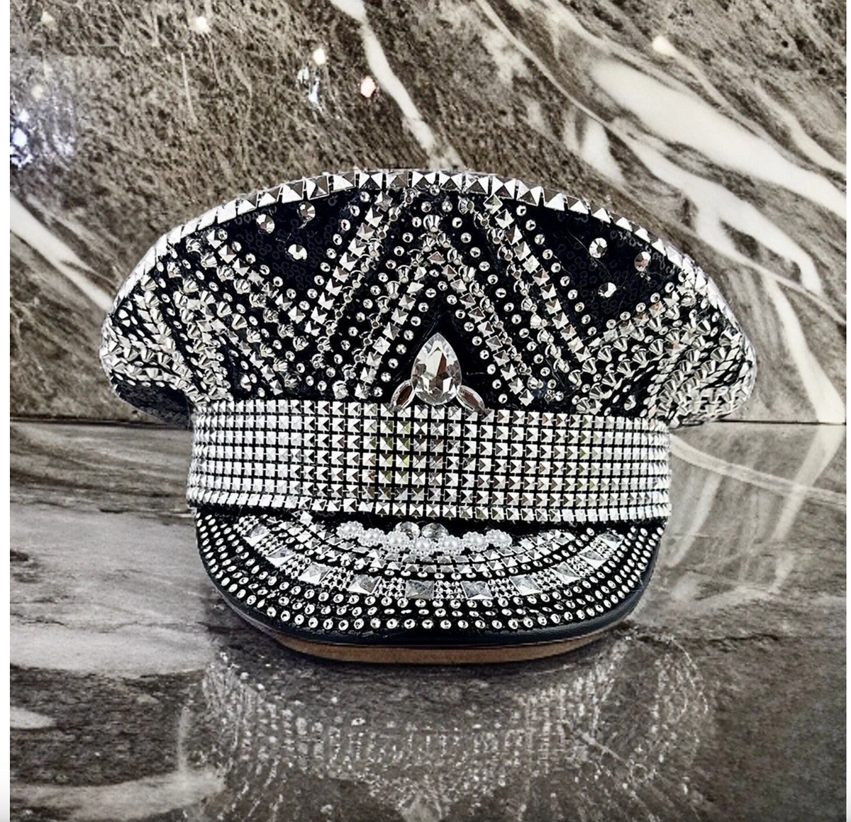 Black and Silver Rhinestone Hat / Sequin Hat / Party Captain Hat / Festival Hat, EDC Hat, Rave Hat / Birthday Hat / Custom Phrase Hat | | Wiccan Center
