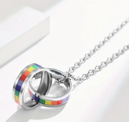 Stainless Steel Rainbow Double Ring LGBTQ Pride Necklace | | Wiccan Center