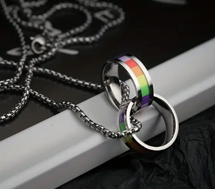 Stainless Steel Rainbow Double Ring LGBTQ Pride Necklace | | Wiccan Center