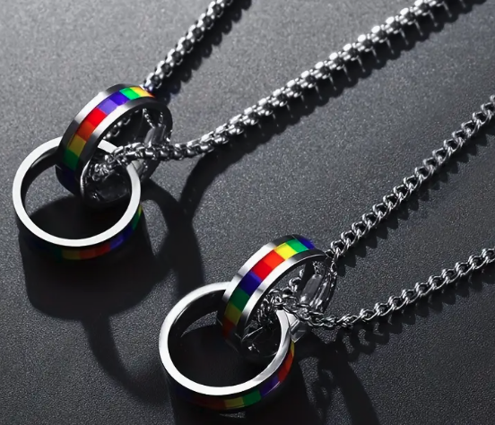 Stainless Steel Rainbow Double Ring LGBTQ Pride Necklace | | Wiccan Center