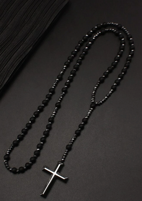 Black Beaded Cross Necklace – Sleek Gothic-Inspired Rosary Style | | Wiccan Center