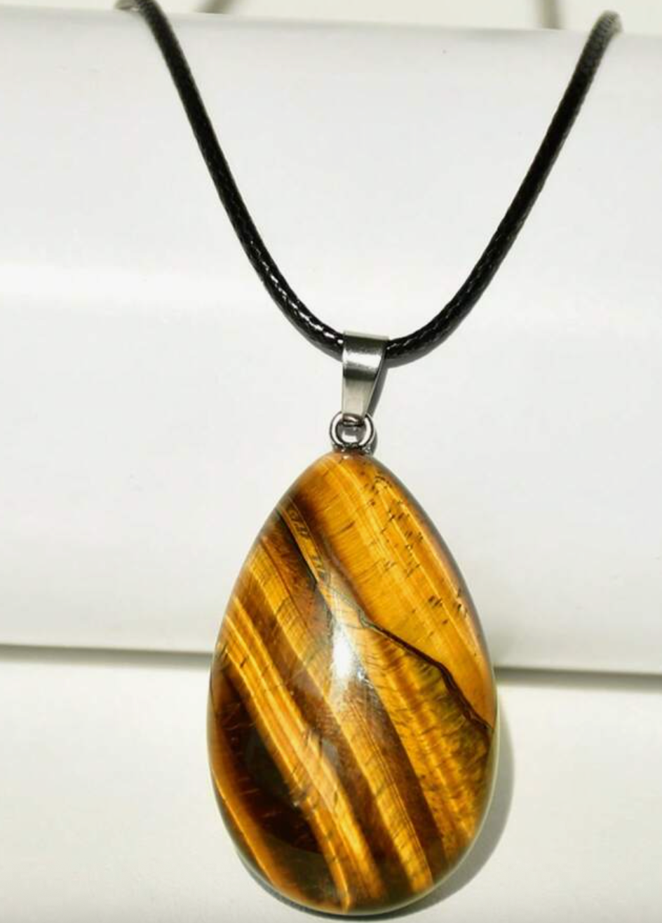Grounded Elegance: Natural Tiger Eye Leather Pendant Necklace on Leather Rope | | Wiccan Center