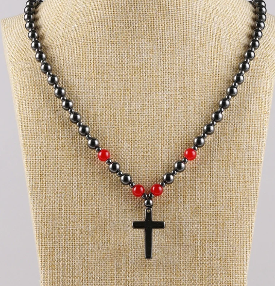 Magnetic Hematite Ball Chain Cross Necklace – Black & Red Natural Stones (24 inch.) | | Wiccan Center