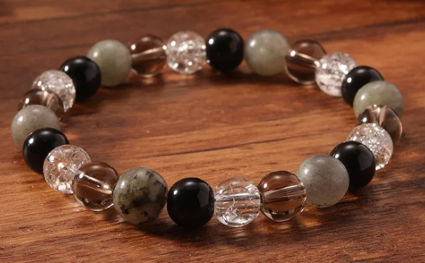 Stress Relief & Grounding Bracelet – Labradorite, Smoky Quartz, Black Obsidian & Clear Quartz (Small–Medium Wrists) | | Wiccan Center