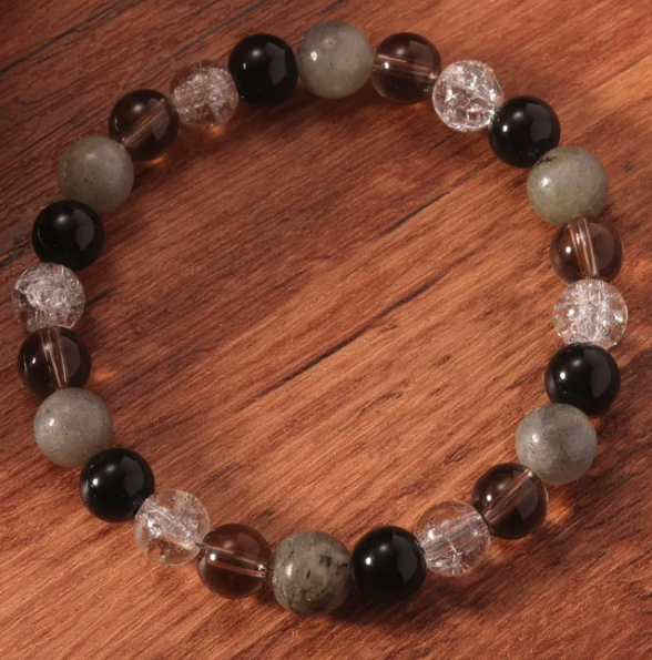 Stress Relief & Grounding Bracelet – Labradorite, Smoky Quartz, Black Obsidian & Clear Quartz (Small–Medium Wrists) | | Wiccan Center