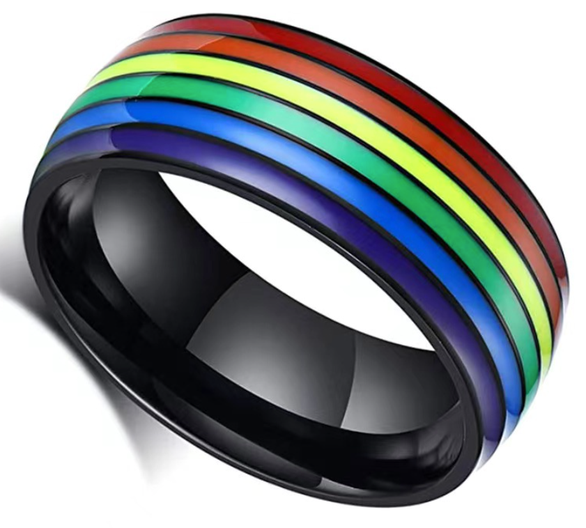 LGBTQ+ Pride Rainbow Stripe Stainless Steel Band Ring – For Every Identity | Gold, Silver & Black Enamel | Pride Jewelry Gift | | Wiccan Center