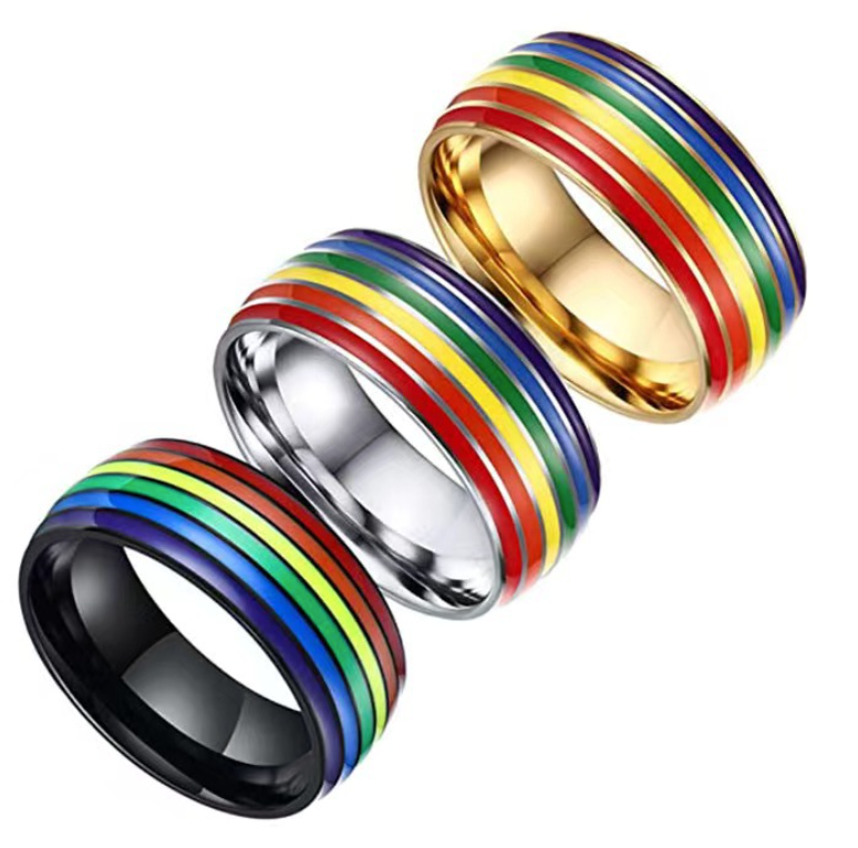 LGBTQ+ Pride Rainbow Stripe Stainless Steel Band Ring – For Every Identity | Gold, Silver & Black Enamel | Pride Jewelry Gift | | Wiccan Center