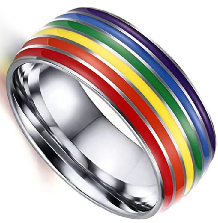 LGBTQ+ Pride Rainbow Stripe Stainless Steel Band Ring – For Every Identity | Gold, Silver & Black Enamel | Pride Jewelry Gift | | Wiccan Center