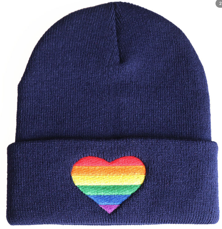 LGBTQ+ Pride Knit Beanie Hat – For Every Identity | Rainbow Heart Winter Beanie | Navy Blue, Red, or Black | | Wiccan Center