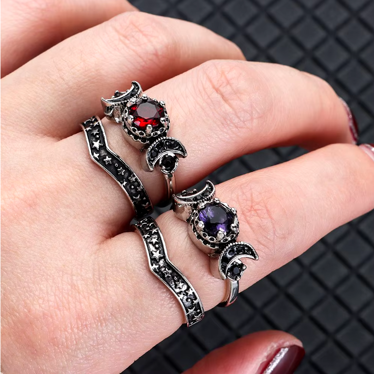 Black Zirconia Stone Triple Moon Ring Set | Ring | Wiccan Center