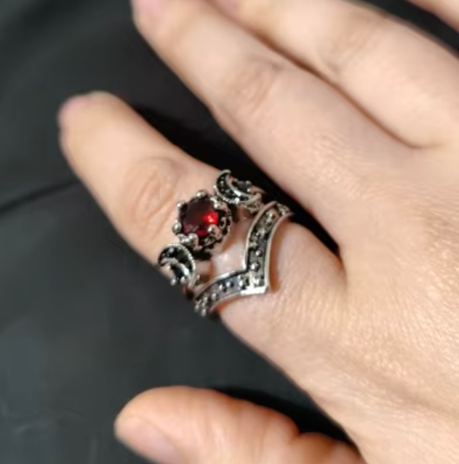 Black Zirconia Stone Triple Moon Ring Set | Ring | Wiccan Center