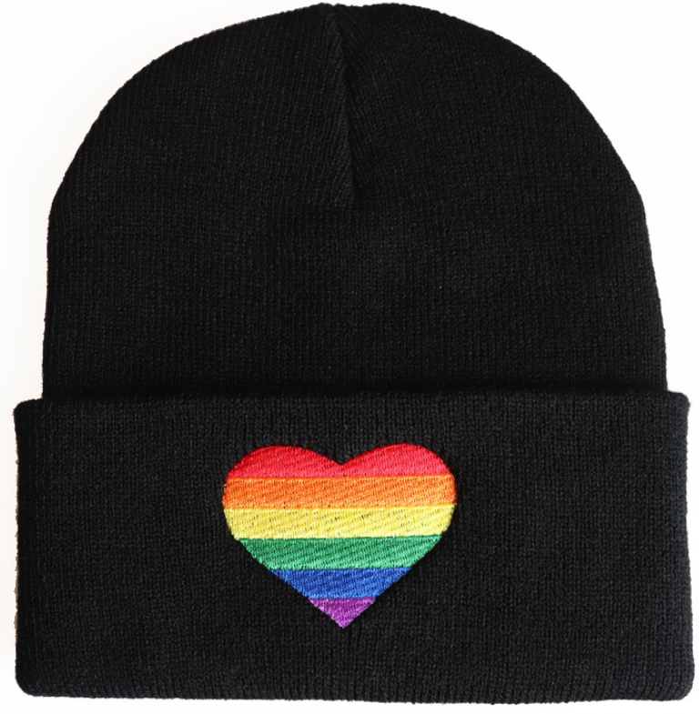 LGBTQ+ Pride Knit Beanie Hat – For Every Identity | Rainbow Heart Winter Beanie | Navy Blue, Red, or Black | | Wiccan Center