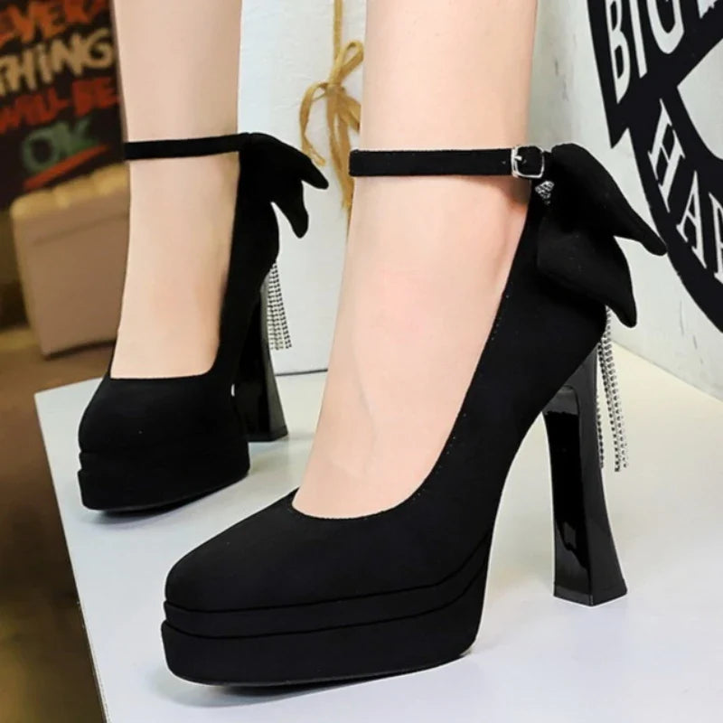 BIGTREE Women's Pointed Toe High Heels Back Bowknot Elegant Flock Ankle Strap Pumps for Women Black Dress Shoe Wedding Party | | Wiccan Center