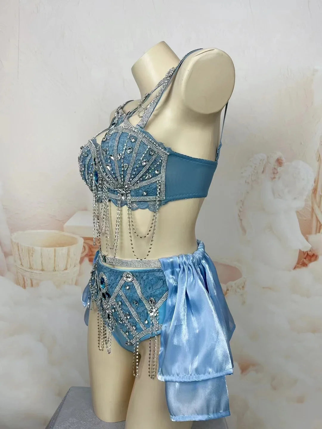 Sapphire Blue Rhinestone Bikini & Micro Skirt 2-Piece Stage Dance Costume Set | Costume Sets | Wiccan Center