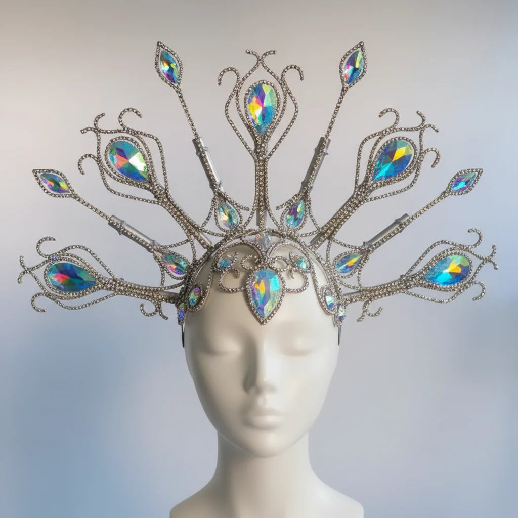 Luxury Peacock Rhinestone Statement Crown – Oversized Crystal Headpiece & Show-Stopping Hair Adornment for Fashion Shows, Galas & Festivals | Headpiece | Wiccan Center