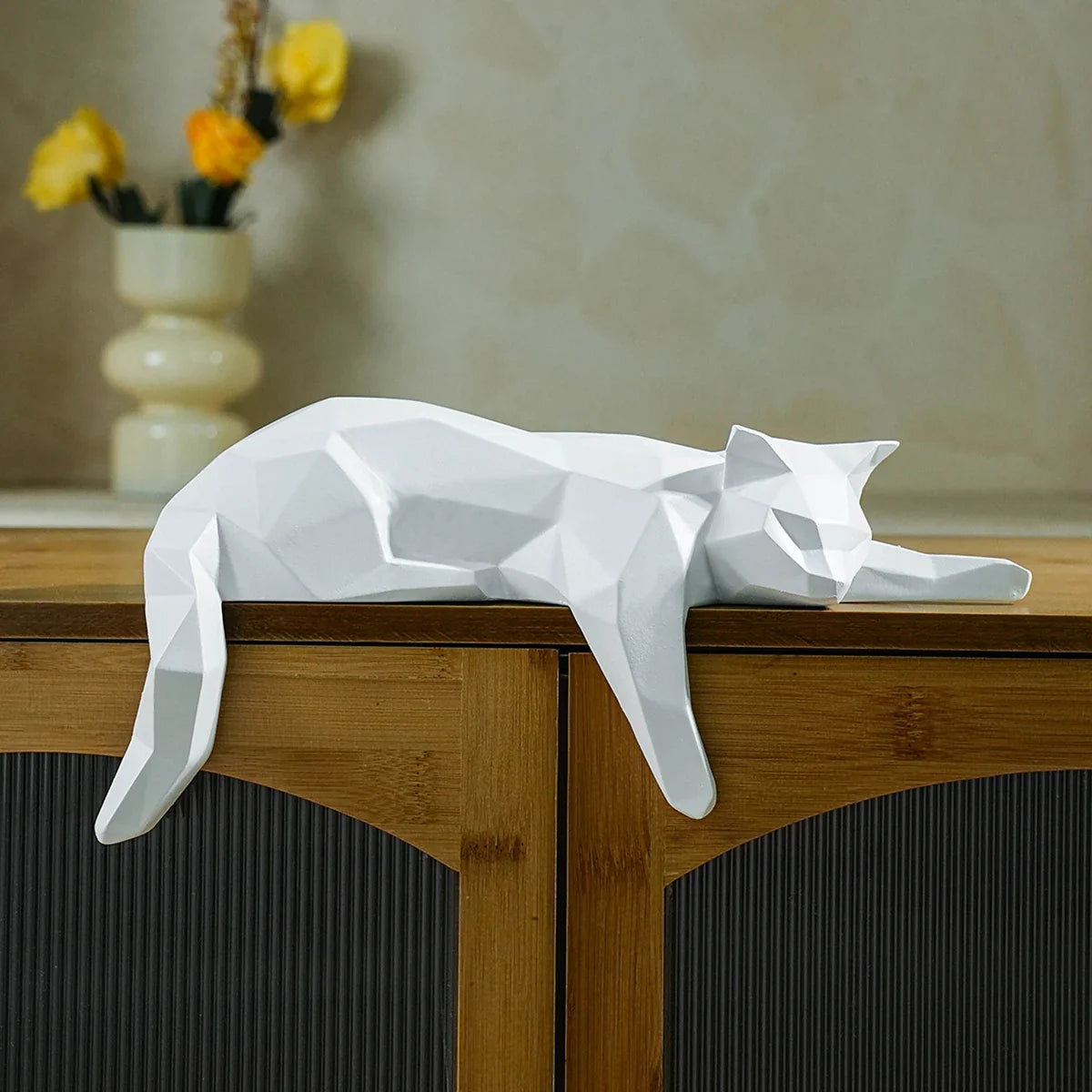 White Black Cat Statue - Geometric Modern Room Decor Figurine Sculpture for Home Office as Table Shelf Desk Decor Lying Cat | | Wiccan Center