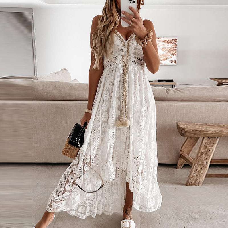 Women Dress Beach Style Elegant White Lace Spaghetti Srap Sundress Female Hollow Out Boho | Dresses | Wiccan Center