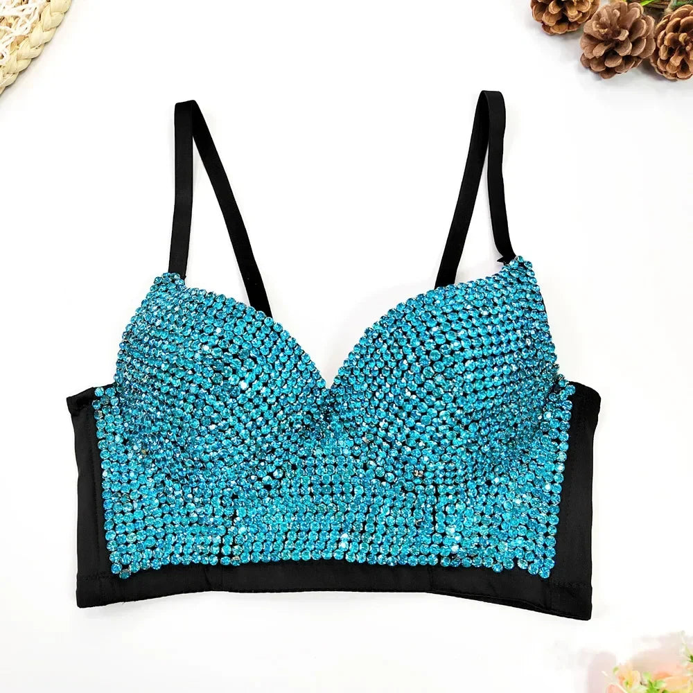 Sparkly Diamond Rhinestone Corset Top Showgirl Stage Performance Push-Up Bustier