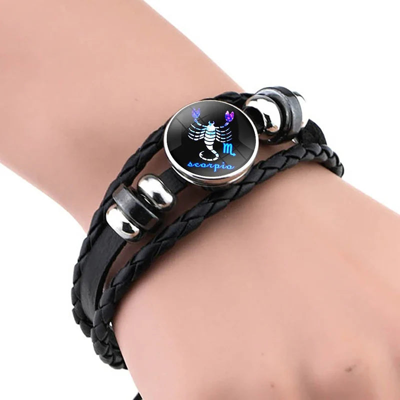 Birthday Present 12 Constellation Luminous Bracelet Leather Bracelet Zodiac Charm Bracelet for Men Women