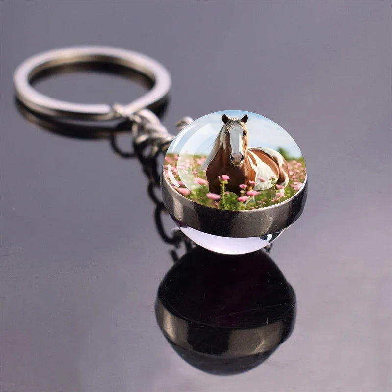 Horse Pattern Keychains White Brown Horse Racing Double Sided Glass Ball Pendant Key Chain Fashion Animal Jewelry Keyring Gift