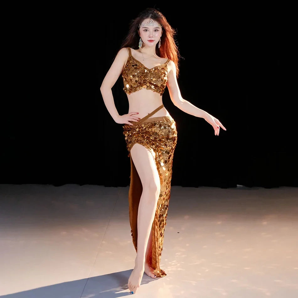 Sequin Oriental Belly Dance Top & Flowing Skirt 2-Piece Performance Set | Costume Sets | Wiccan Center