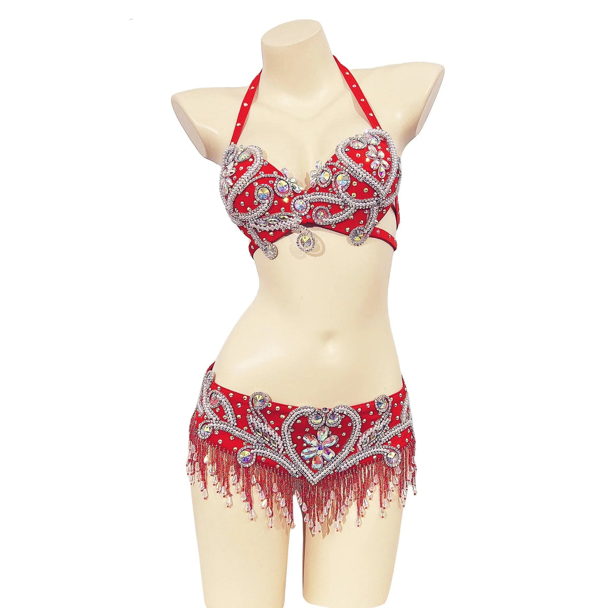 Sparkly Beaded Belly Dance Bra & Fringe Hip Belt Two-Piece Stage Costume Set | Costume Sets | Wiccan Center